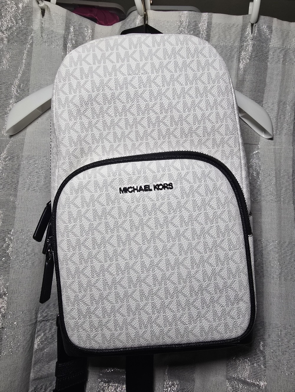 Michael Kors White Logo Crossbody Sling Bag with Black Trim